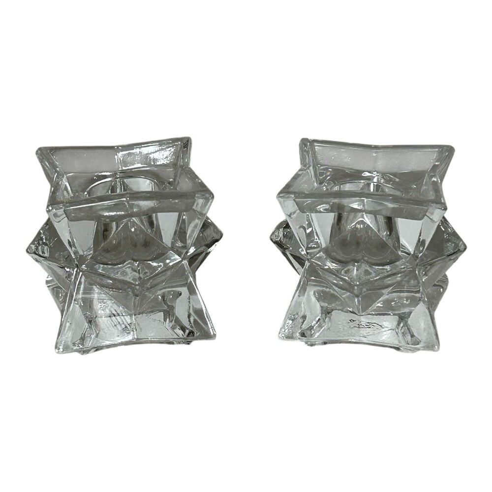 Set of 2 Vintage Avon 24% Lead Crystal Candlestick Holder Geometric Stackable